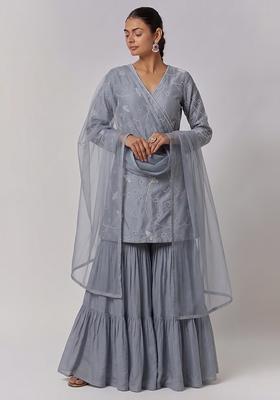 Grey Embroidered Chanderi Sharara Set