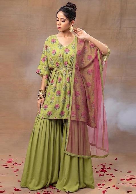 Green Printed Crepe Sharara Set