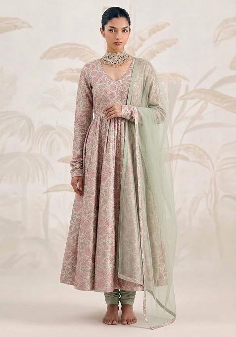 Green Self Design Silk Anarkali Set