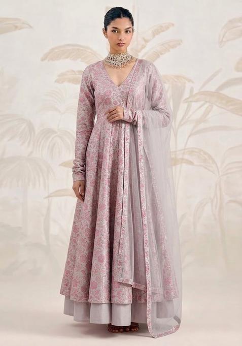 Maroon Self Design Silk Anarkali Set