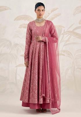 Pink Self Design Silk Anarkali Set