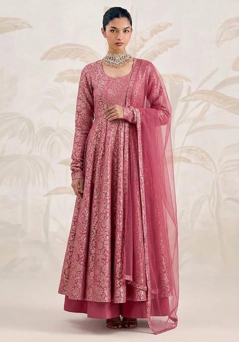 Maroon Self Design Silk Anarkali Set