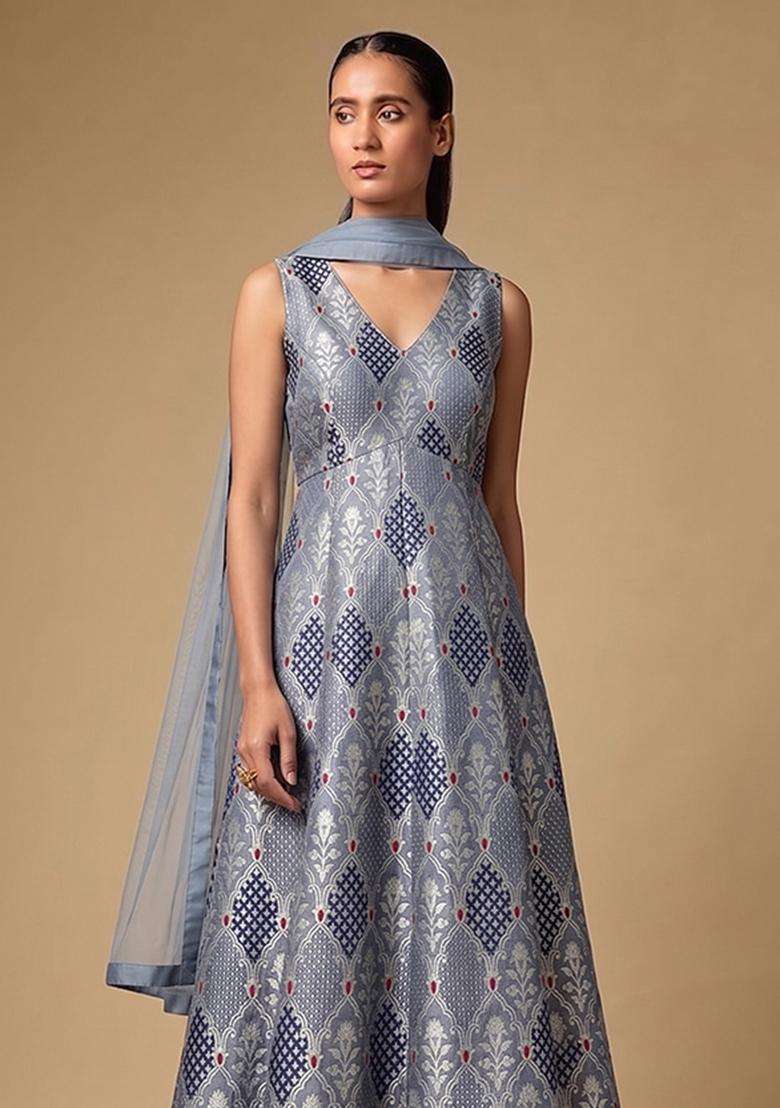 Grey Silk Anarkali Set - Indya