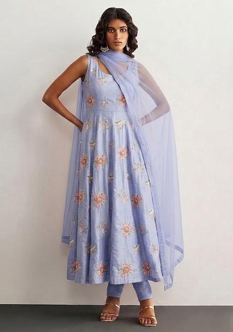 Blue Embroidered Chanderi Anarkali Set