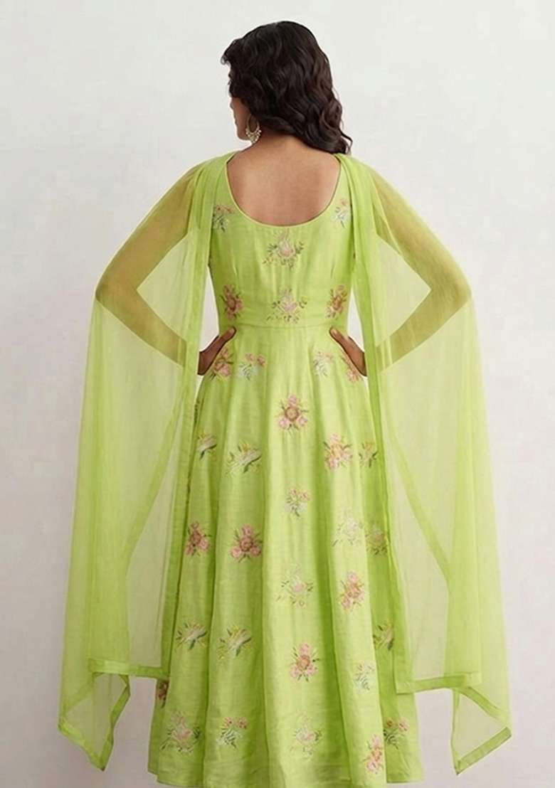 Green Embroidered Chanderi Anarkali Set - Indya