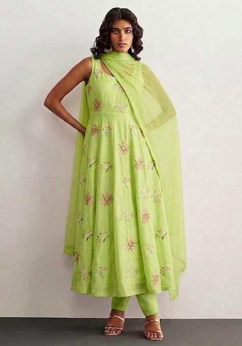 Green Embroidered Chanderi Anarkali Set