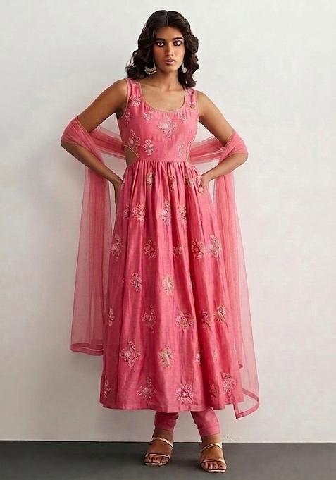 Pink Embroidered Chanderi Anarkali Set