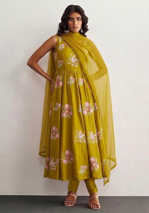 Yellow Embroidered Chanderi Anarkali Set