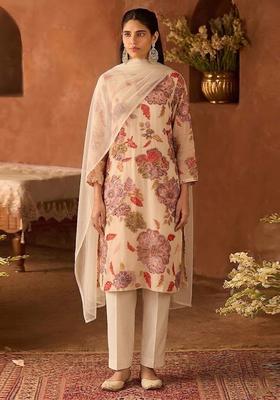 Beige Printed Organza Kurta Set
