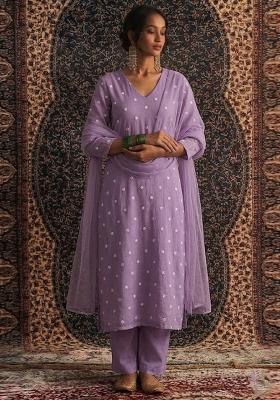 Purple Embroidered Chanderi Kurta Set