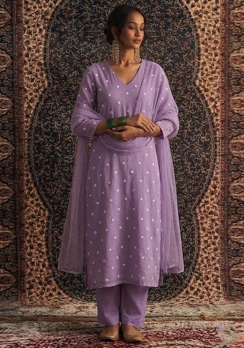 Purple Embroidered Chanderi Kurta Set