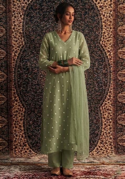 Green Embroidered Chanderi Kurta Set