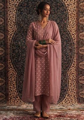 Pink Embroidered Chanderi Kurta Set
