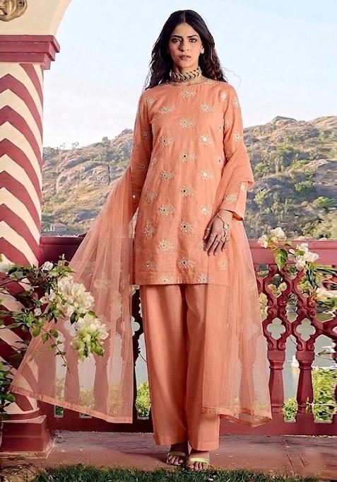 Orange Embroidered Chanderi Kurta Set
