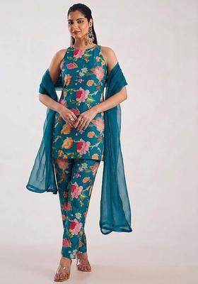 Blue Printed Georgette Kurta Set