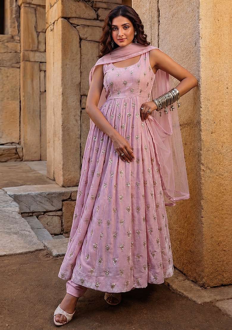 Pink Embroidered Silk Anarkali Set - Indya