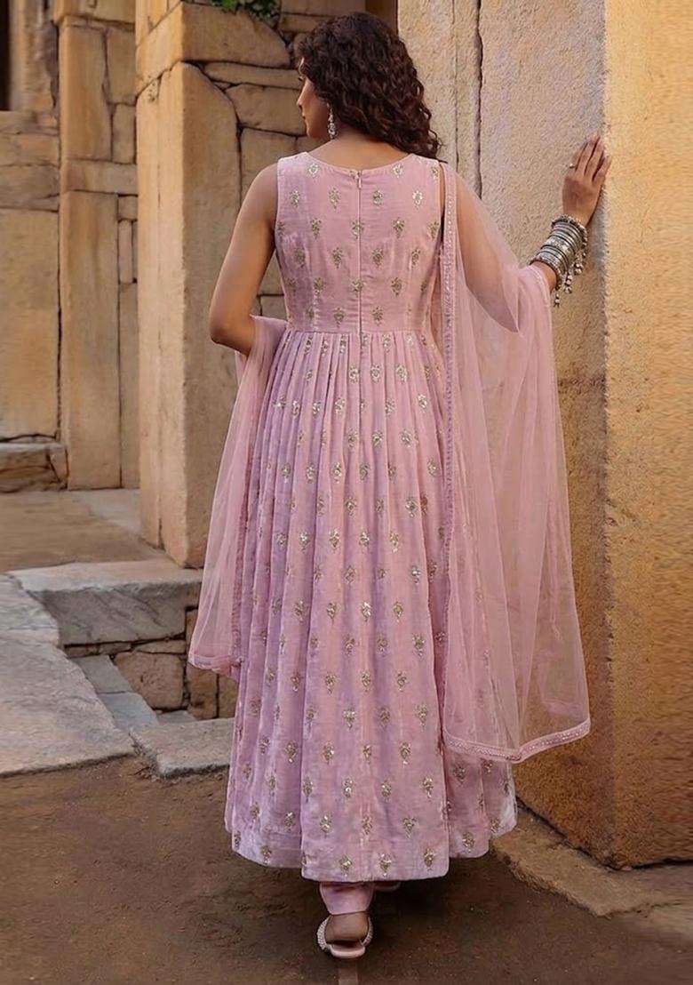 Pink Embroidered Silk Anarkali Set - Indya
