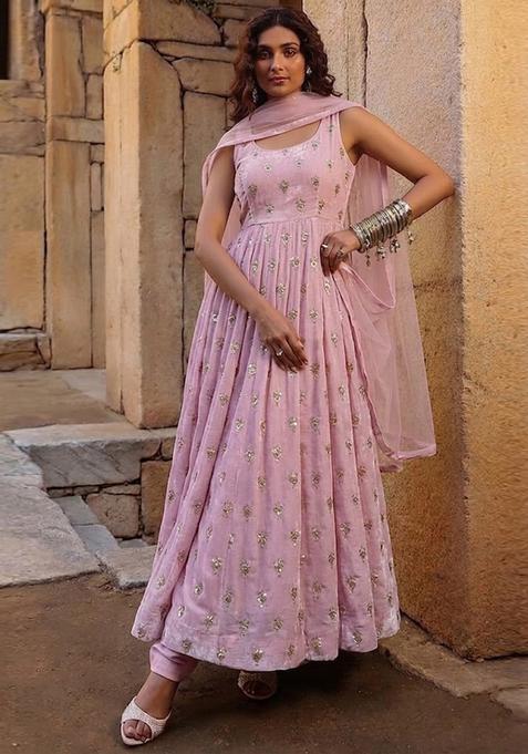 Maroon Embroidered Silk Anarkali Set