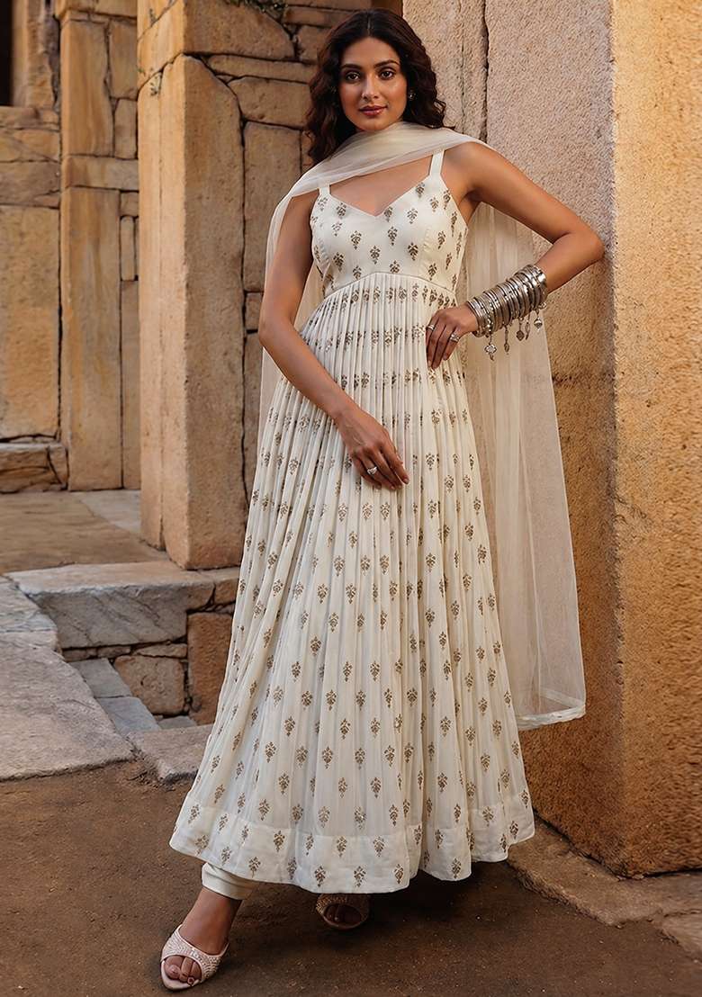 White Embroidered Silk Anarkali Set - Indya
