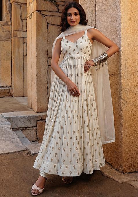 White Embroidered Silk Anarkali Set
