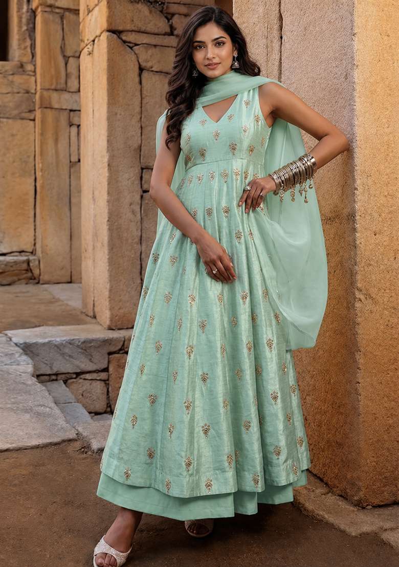 Green Embroidered Silk Anarkali Set - Indya