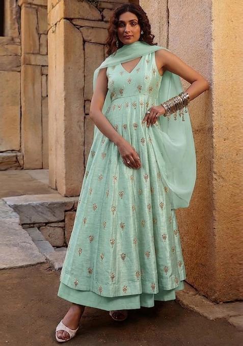 Maroon Embroidered Silk Anarkali Set