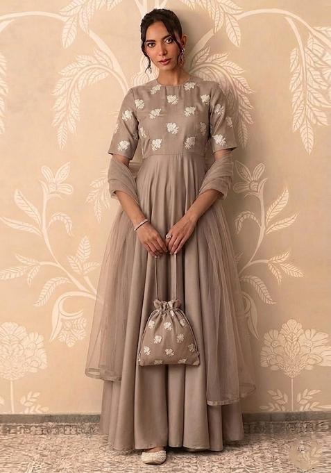 Grey Silk Anarkali Set