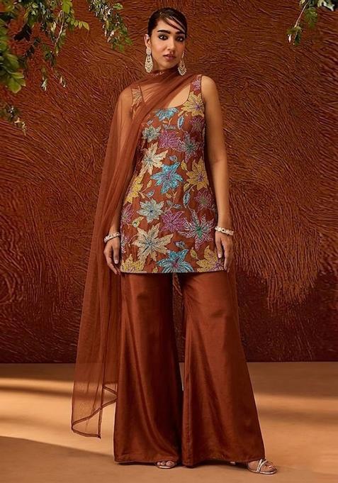 Maroon Printed Crepe Sharara Set