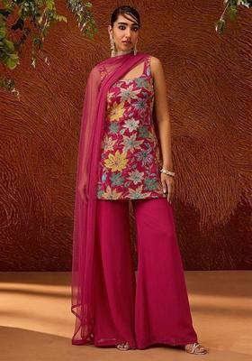 Pink Printed Crepe Sharara Set