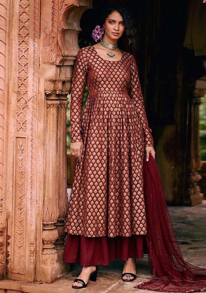Red Silk Anarkali Set - Indya