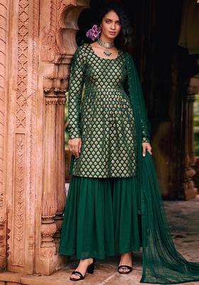 Bottle Green Silk Sharara Set