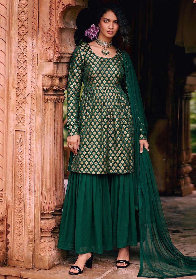Bottle Green Silk Sharara Set - Indya