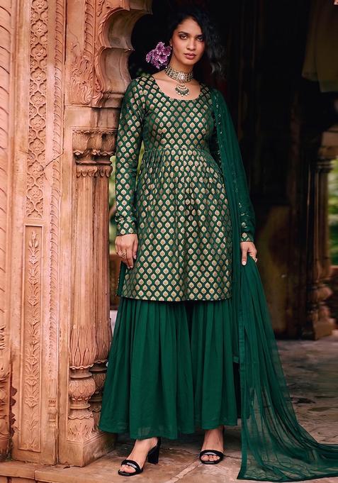 Bottle Green Silk Sharara Set