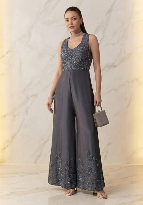 Slate Grey Embroidered Handwork Fusion Set