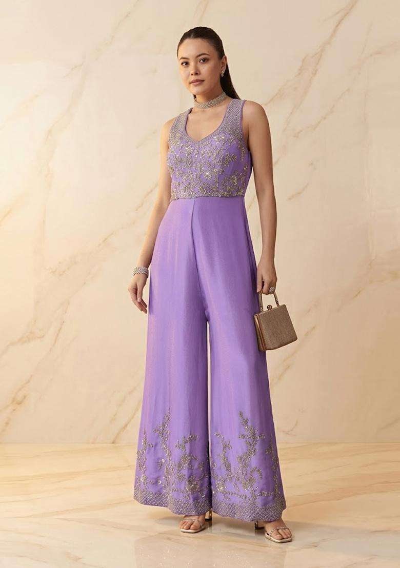 Lilac Purple Embroidered Handwork Fusion Set - Indya