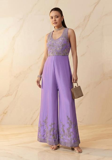 Lilac Purple Embroidered Handwork Fusion Set