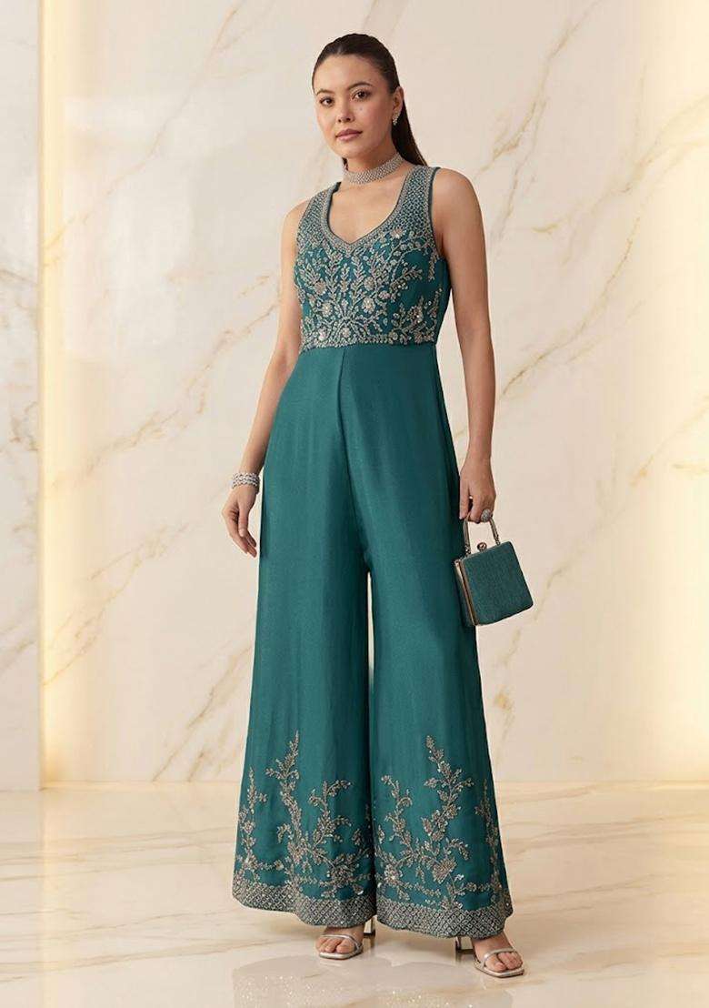 Green Embroidered Handwork Fusion Set - Indya