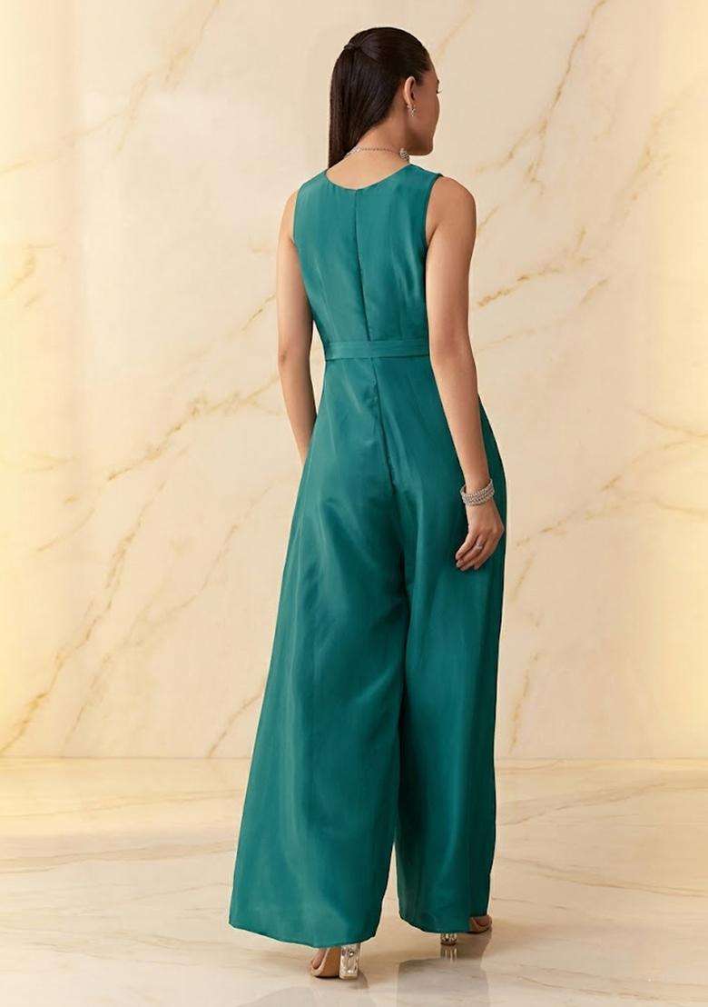 Green Embroidered Handwork Fusion Set - Indya
