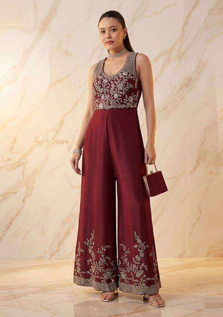 Wine Maroon Embroidered Handwork Fusion Set - Indya