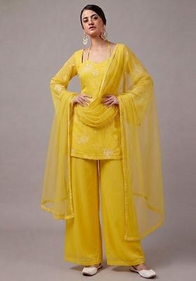 Lemon Yellow Embroidered Chanderi Kurta Set