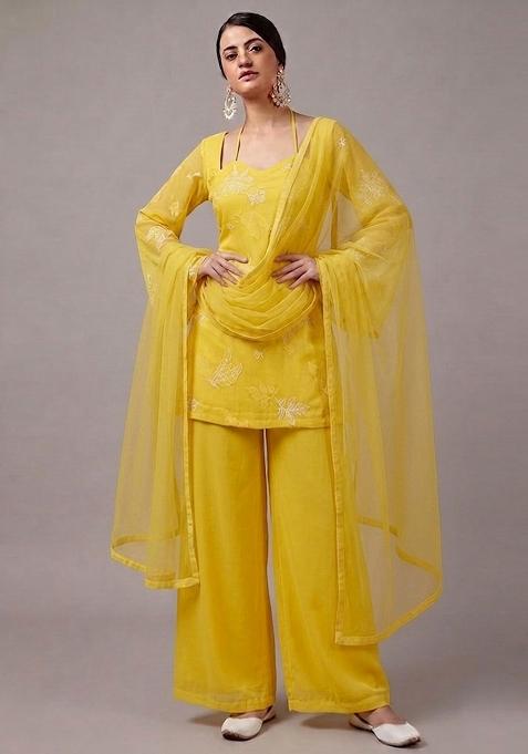 Lemon Yellow Embroidered Chanderi Kurta Set