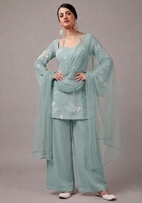 Powder Blue Embroidered Chanderi Kurta Set