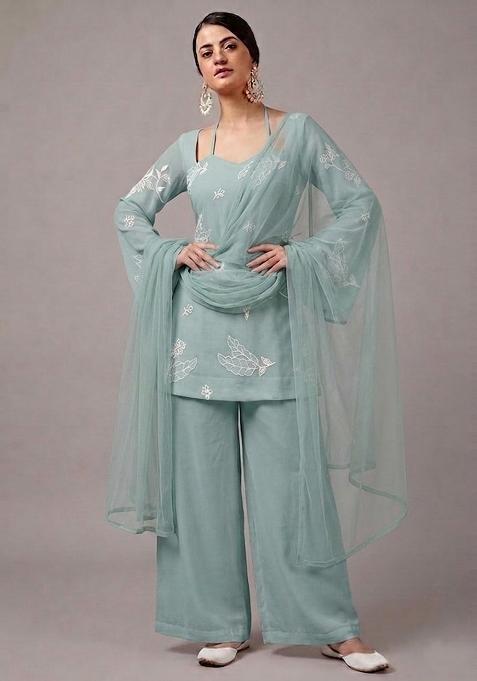 Powder Blue Embroidered Chanderi Kurta Set