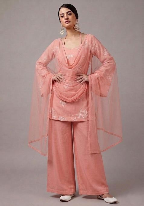 Peach Pink Embroidered Chanderi Kurta Set