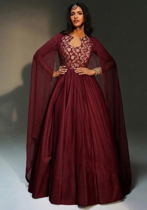Maroon Brocade Anarkali with Dupatta