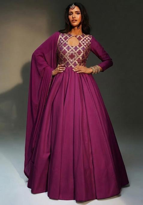 Pink Zari Silk Anarkali with Dupatta