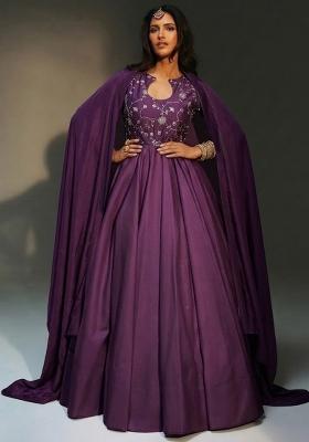 Purple Embroidered Silk Anarkali with Dupatta