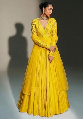 Yellow Embroidered Crepe Anarkali with Dupatta