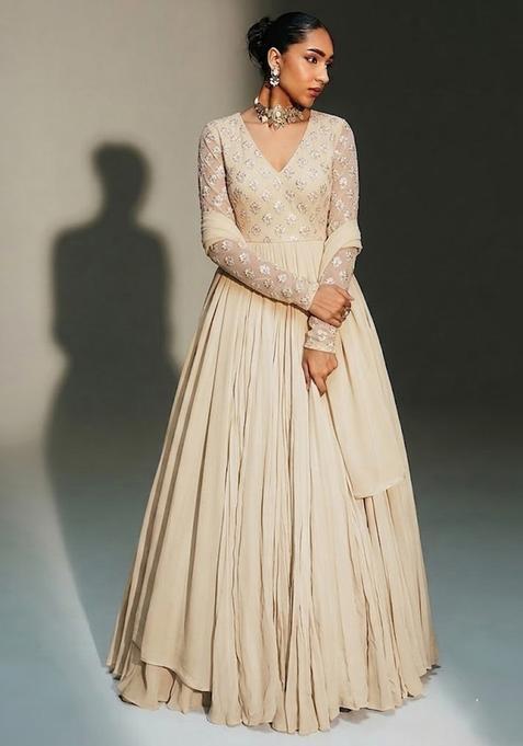 White Embroidered Chanderi Anarkali with Dupatta
