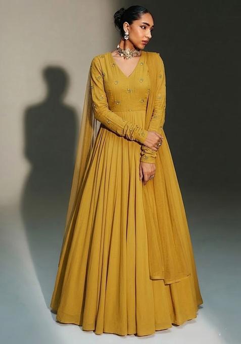 Yellow Embroidered Chanderi Anarkali with Dupatta